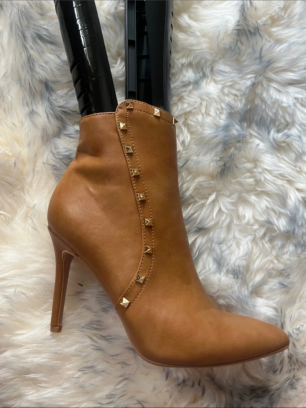Studded Pointed-Toe Ankle Boots in Cognac